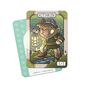 May include: A Kithkin card illustration depicts a cartoon character holding a lantern, set against a green and blue background. The character wears a green tunic, brown boots, and a cap. The card has a 1/1 designation and the text "KITHKIN". A second card with paw prints is visible.