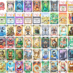 May include: A collection of fantasy-themed trading cards with various illustrations. The cards feature creatures, landscapes, and text, with a consistent design including borders and labels like "ALLY" and "PLACE CARD HERE."