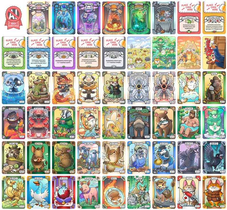 May include: A collection of fantasy-themed trading cards with various illustrations. The cards feature creatures, landscapes, and text, with a consistent design including borders and labels like "ALLY" and "PLACE CARD HERE."