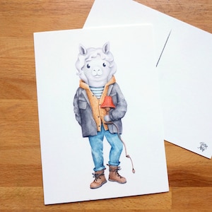 Alpaga sur carte postale, illustration à l'aquarelle sur carton 5x7, fait au canada