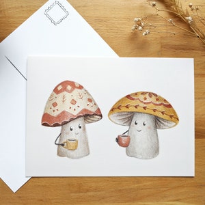 Champignons et leurs tasses, illustration sur petite affiche 5x7 servant aussi de carte postale, papeterie illustrée par Jaune Pop