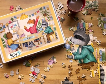 Puzzle 500 morceaux, Soirée de jeu, illustration dessinés par Jaune Pop, Casse-tête de grande qualité fabriqué au Canada