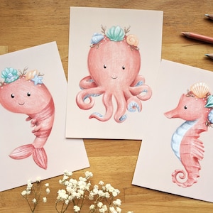Crevette, Pieuvre et Hippocampe, 3 illustrations sur petite affiche 5x7 servant aussi de cartes postales, papeterie illustrée par Jaune Pop
