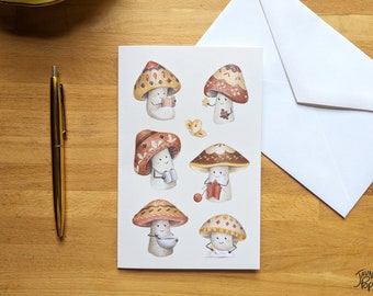 Carte de voeux Champignons qui tricote, dessine, cuisine, lit un livre, observe la nature, fait un casse-tête, intérieur vide avec enveloppe