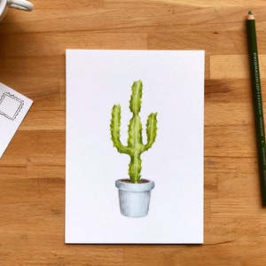Cactus sur carte postale 5 X 7, dessin sur petite affiche 5 x 7 pouces, plante euphorbe illustrée par Jaune Pop à Montréal