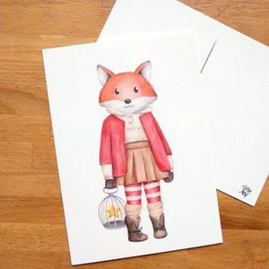 Renard sur carte postale, illustration à l'aquarelle sur carton 5x7, fait au canada