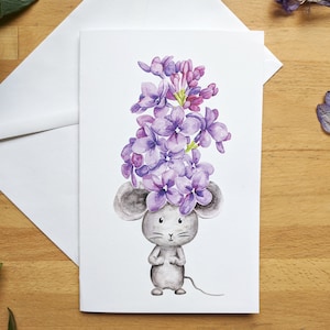 Carte de voeux Souris et Lilas, aquarelle d'un animal avec fleurs violettes, pour fête, dire merci, accompagner un cadeau, correspondance
