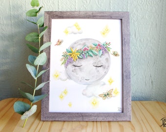 Downloadable Moon wearing a flower crown,  watercolour illustrated - Printable in letter format or 8x10 -High resolution JPG and PDF