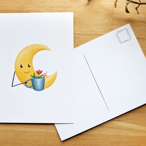 Lune souriante buvant une tasse de fleurs, Petite affiche 5 x 7 ou Carte postale, illustré par Jaune Pop à Montréal