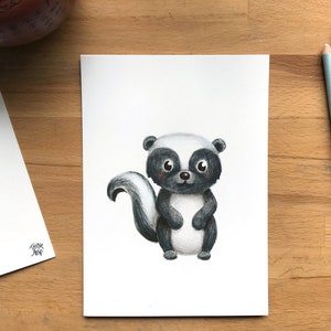 Illustration de Mouffette sur affichette 5 x 7  sur carton dont le verso est une carte postale, pouvant servir de décor ou pour correspondre