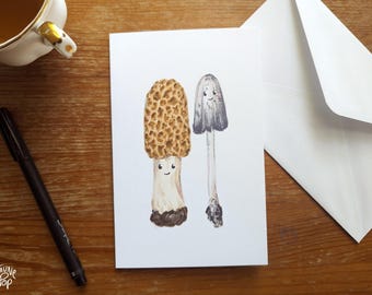 Pilzkarte, Blonder Morchel und haariger Coprinus mit süßen Gesichtern, Grußkarte mit blanko Innenseite, Umschlag inklusive