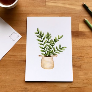 Carte Postale Zamioculcas zamiifolia, plante ZZ, illustration 5x7 de style crayon de bois, pour correspondance ou afficher
