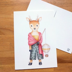 Cerf sur carte postale, illustration à l'aquarelle sur carton 5x7, fait au canada