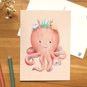 Pieuvre rose et coquillage, illustration sur petite affiche 5x7 servant aussi de carte postale, papeterie illustrée par Jaune Pop