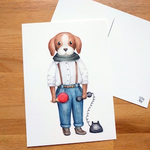 Chien sur carte postale, illustration à l'aquarelle sur carton 5x7, fait au canada