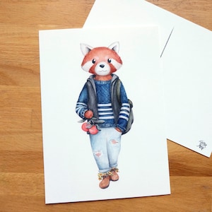Panda Roux sur carte postale, illustration à l'aquarelle sur carton 5x7, fait au canada