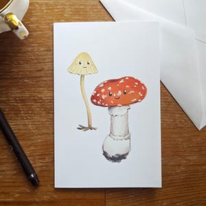 Mushroom Card, Fly Agaric and Yellow Edge Mycena, Blank Greeting Card with Envelope for nature lover