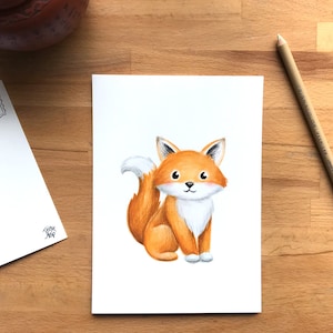 Renard roux sur carte postale pouvant servir de petite affiche 5x7, animal de la vie sauvage illustré par Jaune Pop à Montréal