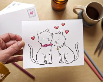 Carte Chats à imprimer colorier et bricoler pour la Saint-Valentin ou envoyer de l'amour, à télécharger, coloriage diy, JPG PDF