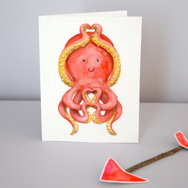 PDF card and envelope - Watercolor illustration of in love octopus - Printable instant download