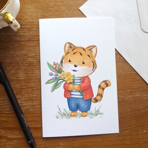 Carte Tigre et bouquet de fleurs, carte de voeux avec intérieur vierge, enveloppe incluse, anniversaire, remerciement, saint-valentin