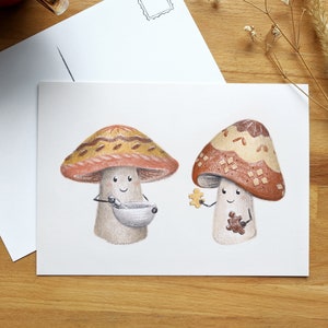 Champignons sur carte postale, petite affiche 5x7 d'un dessin présentant un champignon qui cuisine un autre qui fait un casse-tête