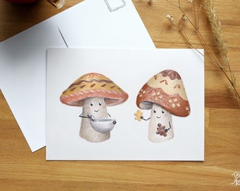 Champignons sur carte postale, petite affiche 5x7 d'un dessin présentant un champignon qui cuisine un autre qui fait un casse-tête