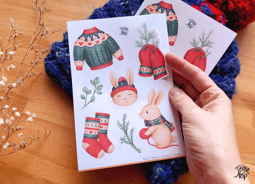 Sticker Wool Sock Included Rabbit Knitting Stickers, Winter Illustrations Sweater, Mittens, Socks ...