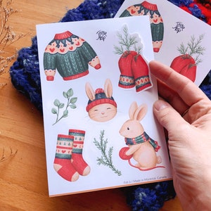 Autocollants Tricot Lapin, Illustrations d'hiver chandail, mitaines, bas, tuque et foulard de laine, Dessinés et fabriqués au Québec