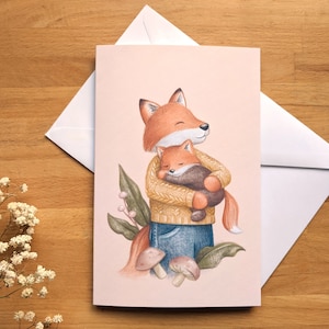 Carte Renard et son bébé, intérieur vierge, enveloppe blanche incluse, dessin par Jaune Pop, cadeau de naissance et voeux pour parents