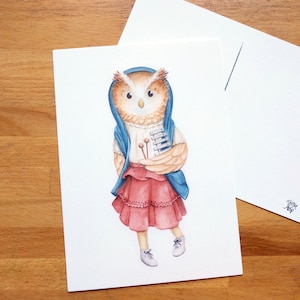 Hibou sur carte postale, illustration à l'aquarelle sur carton 5x7, fait au canada