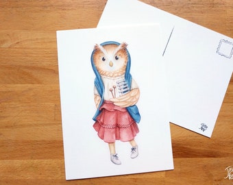 Owl on postcard, watercolor illustration on 5x7 cardboard, made in Canada