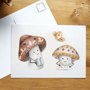 Carte postale Champignons, dessin et observation d'un papillon, petite affiche 5x7, illustration de Jaune Pop, fait au Canada
