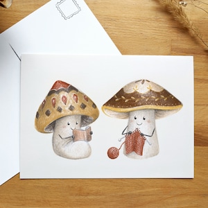 Affichette Champignons, lecture et tricot, papeterie pouvant servir de carte postale ou comme décoration, illustration réalisée à Montréal