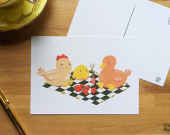 Pique-nique de Poule, Canard et poussin, illustration sur petite affiche 5x7 verso carte postale, illustration par Jaune Pop