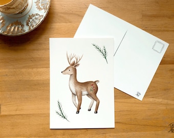 Cerf fleuri, petite affiche 5x7 verso carte postale, illustration par Jaune Pop, décor ou correspondance