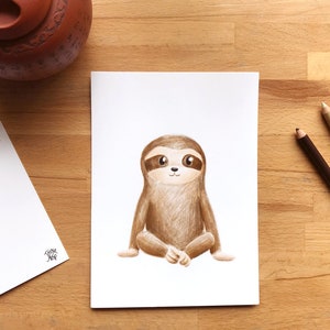 Affichette Paresseux sur carton 5 x 7, verso carte postale, illustration réalisée par Marie-Anne Dubé de Jaune Pop, animal de la jungle