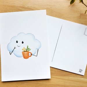 Nuage souriant buvant une tasse de fleurs, Carte postale ou Petite affiche 5 x 7, illustré par Jaune Pop à Montréal