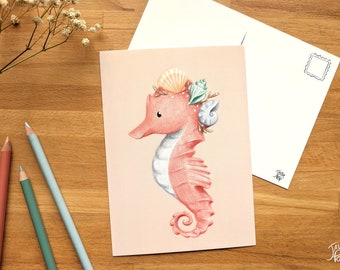 Hippocampe rose et coquillages, illustration sur petite affiche 5x7 servant aussi de carte postale, papeterie illustrée par Jaune Pop
