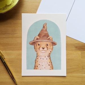 Ghepardo con cappello da stregone, piccolo poster 5x7 retro cartolina, illustrazione di Jaune Pop