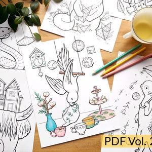 Print and Color - Set of 24 coloring illustrations VOLUME 2 - PDF download of drawings of animals in funny activities