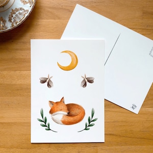 Renard endormi sous la lune, petite affiche 5x7 verso carte postale, illustration par Jaune Pop, décor ou correspondance