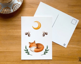 Renard endormi sous la lune, petite affiche 5x7 verso carte postale, illustration par Jaune Pop, décor ou correspondance
