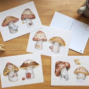 Ensemble Champignons format cartes postales, lot de 4 illustrations 5x7, dessins de 8 champignons faits à au Québec par Jaune Pop