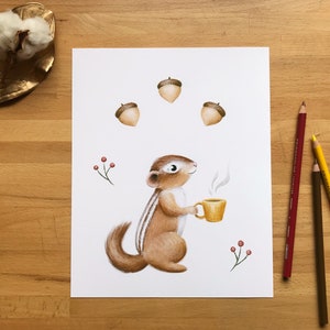 Tamia rayé et sa boisson chaude - Illustration 8 x 10 imprimée sur papier mat - Fait à Montréal