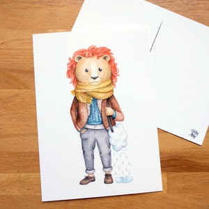 Lion sur carte postale, illustration à l'aquarelle sur carton 5x7, fait au canada