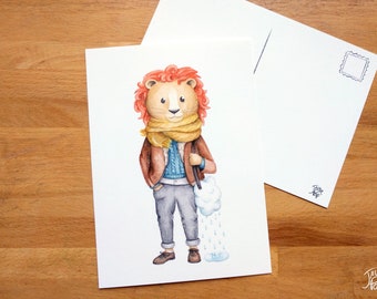 Lion sur carte postale, illustration à l'aquarelle sur carton 5x7, fait au canada