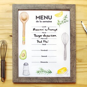 Downloadable weekly meal planner in french - Organize your meals in style with this printable illustrating utensil, avocado, lemon, herbs...