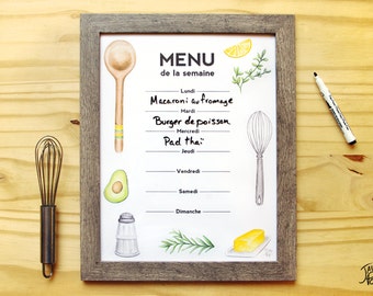 Downloadable weekly meal planner in french - Organize your meals in style with this printable illustrating utensil, avocado, lemon, herbs...
