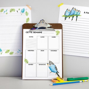 French weekly plan Blue budgies and leaves To do list for the week Downloadable and printable PDF files image 1